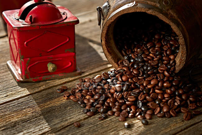 Склад металевої бляшанки вінтажної м'ясорубки і купа ароматичних кавових зерен на дерев'яному столі — стокове фото