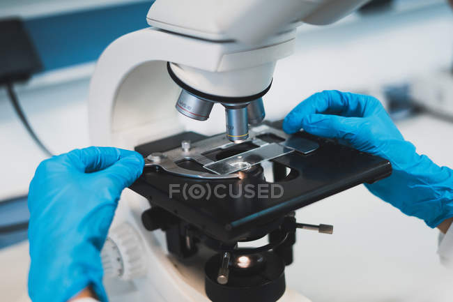 Manos del trabajador médico en guantes de goma azul utilizando microscopio para la investigación - foto de stock