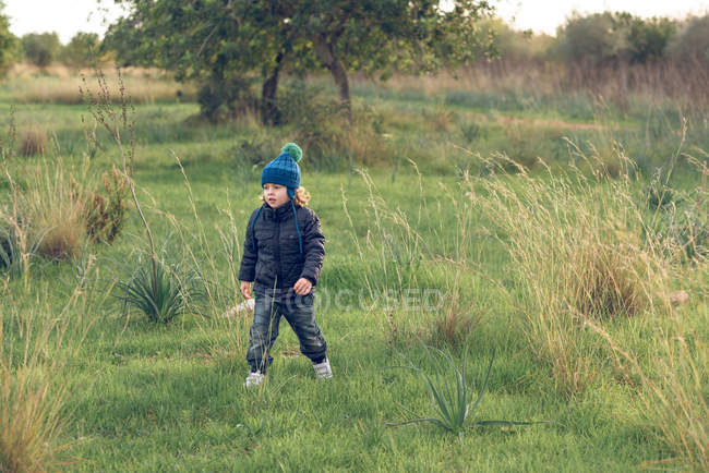Niño caminando en el parque soleado - foto de stock
