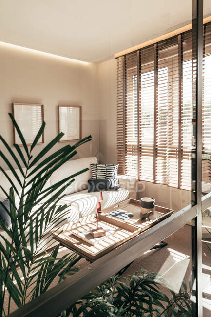 Comodo divano e tavolino in piedi vicino alla finestra in un elegante soggiorno di accogliente appartamento — Foto stock