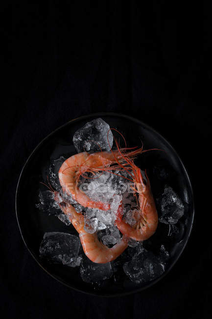 Gamberi freschi bolliti con ghiaccio su piatto nero — Foto stock