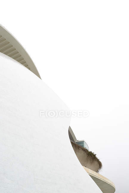 VALENCIA, ESPAÑA - 8 DE NOVIEMBRE DE 2018: Parte de un maravilloso edificio moderno contra el cielo blanco en la ciudad de las Artes y las Ciencias de Valencia, España - foto de stock
