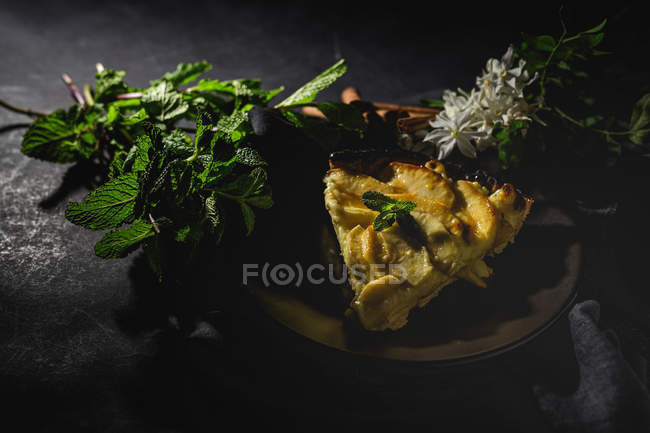 Яблочный пирог с корицей и мятой подается на черной тарелке — стоковое фото