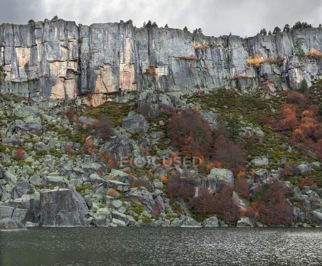 Picturesque view of amazing autumn trees growing on rough cliff near calm water in Soria, Spain — Stock Photo