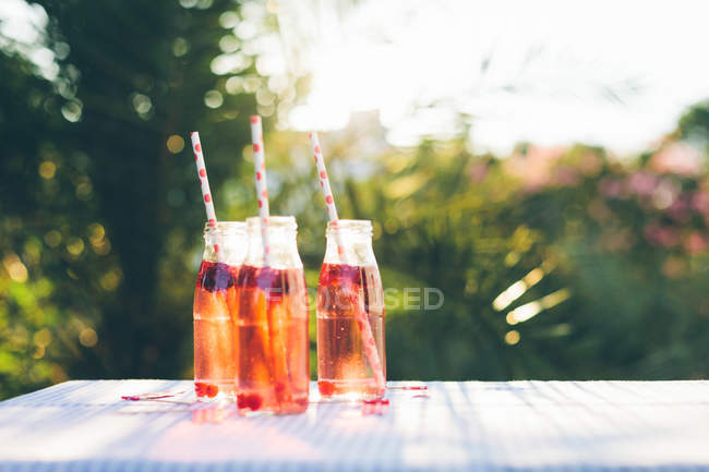 Botellas con bebida de fruta fresca y pajitas para beber en la mesa al aire libre - foto de stock