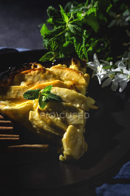 Apfelkuchen mit Zimt und Minze auf schwarzem Teller — Stockfoto