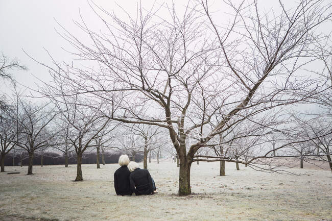 Blond ladies in same cloths sitting under tree in park — Stock Photo