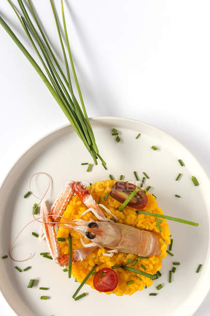 Paella casera con cangrejos de río y gambas servidas en plato sobre fondo blanco - foto de stock