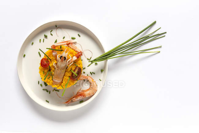 Hausgemachte Paella mit Krebsen und Garnelen auf Teller auf weißem Hintergrund serviert — Stockfoto