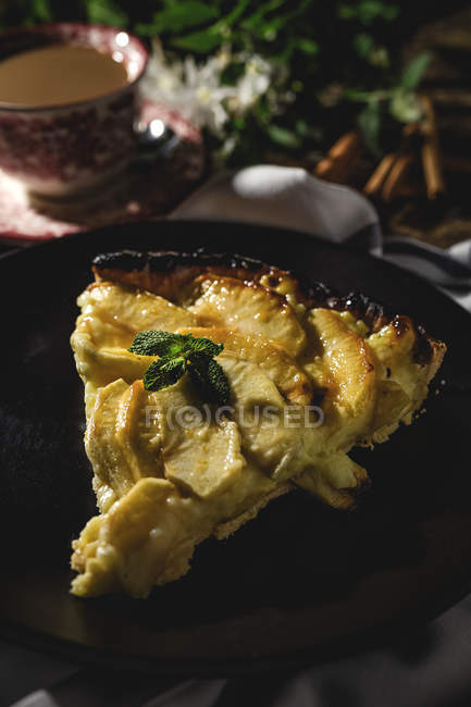 Torta de maçã com canela e hortelã servida em prato preto — Fotografia de Stock