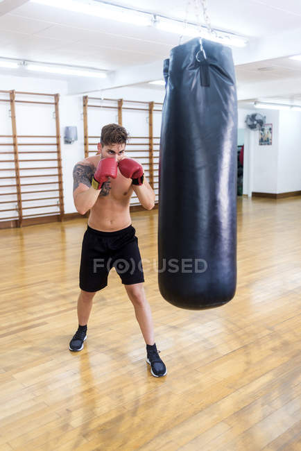 Joven chico boxeo saco de boxeo en un gimnasio - foto de stock