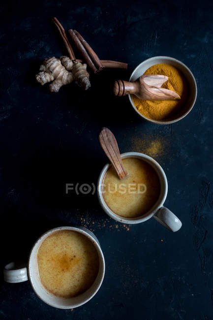 Tigelas com especiarias e xícaras de latte temperado em copos no fundo escuro — Fotografia de Stock