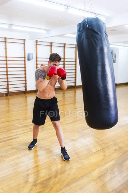Young guy boxing punch bag in a gym — Stock Photo
