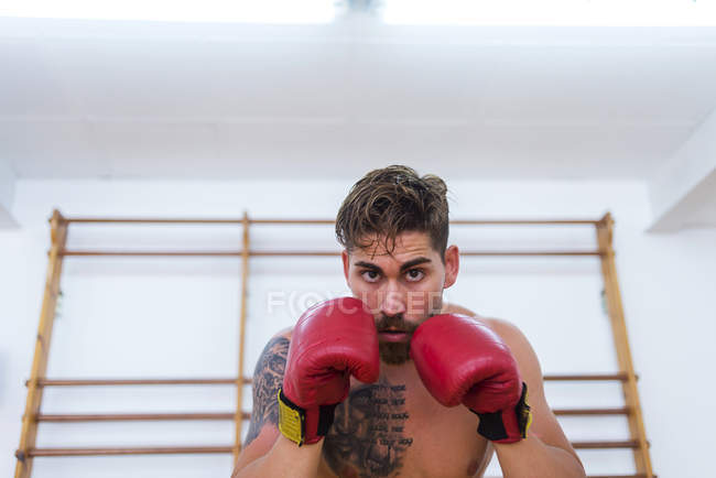 Jeune homme confiant boxe en salle de gym — Photo de stock