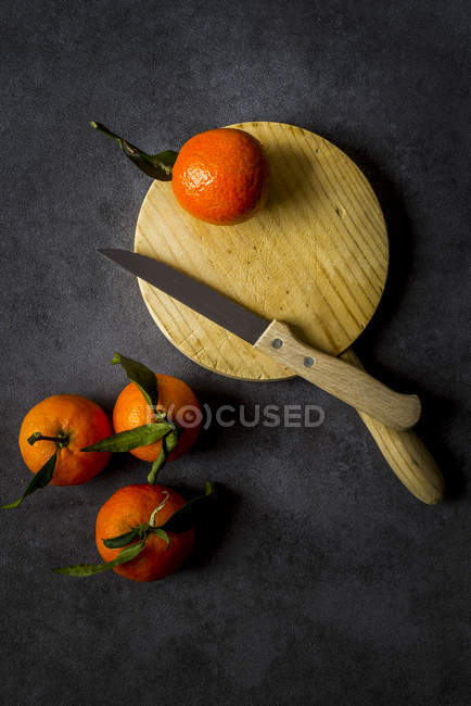 Fresh tangerines with stems and leaves on dark background with wooden board and knife — Stock Photo