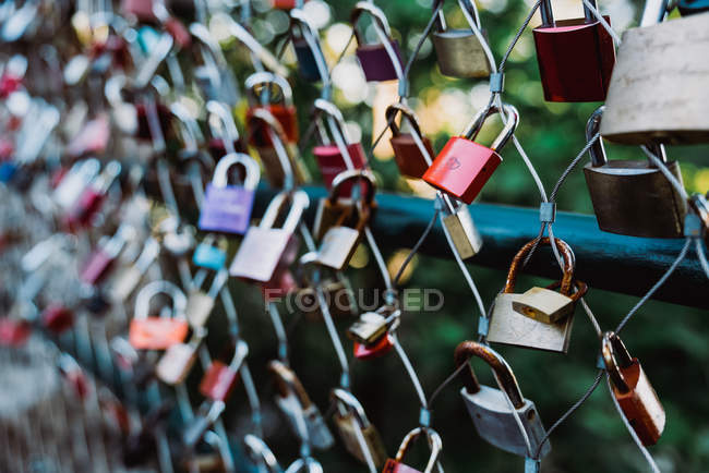 Bunch of various love padlocks hanging on net fence on blurred background of green park — Stock Photo