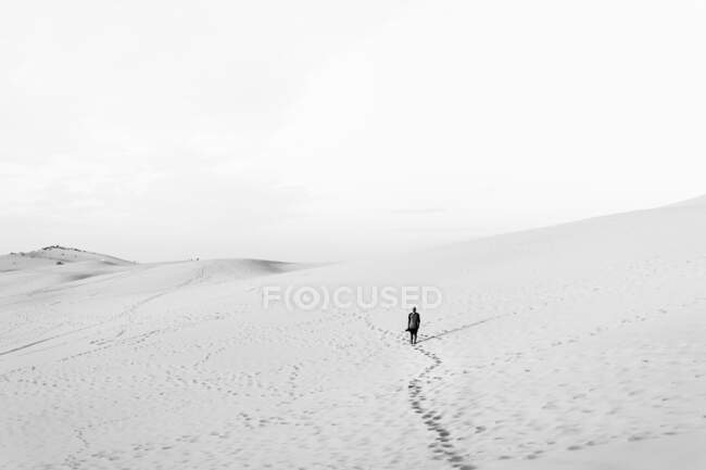 Вид сзади парня, идущего по треку между снежным полем и облачным небом по-французски — стоковое фото