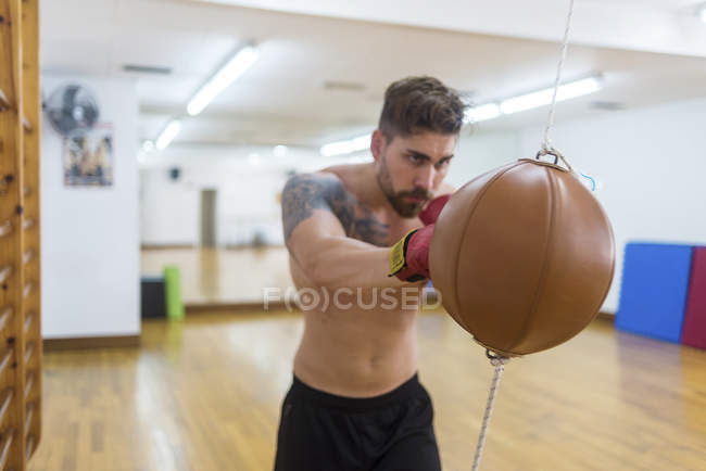 Joven hombre sin camisa boxeo con saco de boxeo en el gimnasio - foto de stock