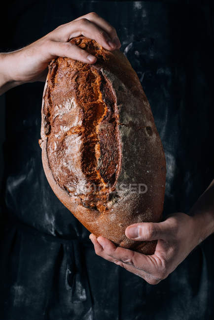 Human hands holding homemade rustic bread loaf — Stock Photo