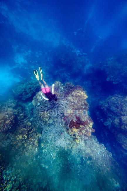 Persona che si immerge tra scogliere sottomarine in mare — Foto stock