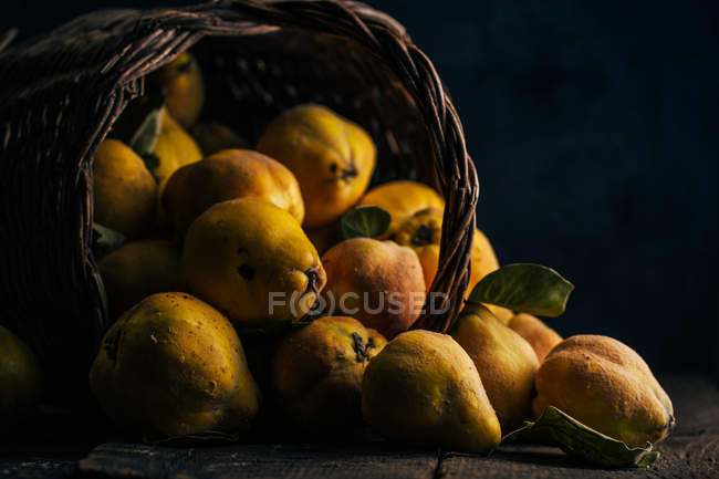 Marmelos maduros frescos em cesta virada para cima no fundo de madeira escura — Fotografia de Stock