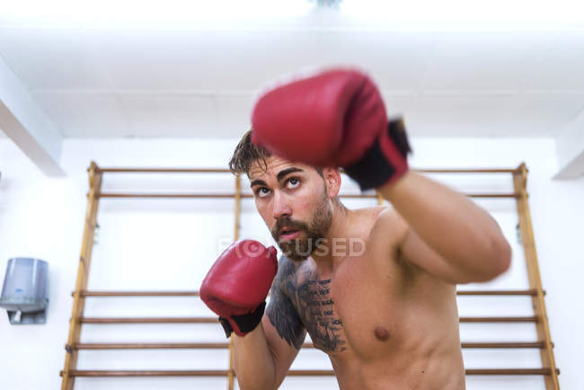 Selbstbewusster junger Mann boxt im Fitnessstudio — Stockfoto