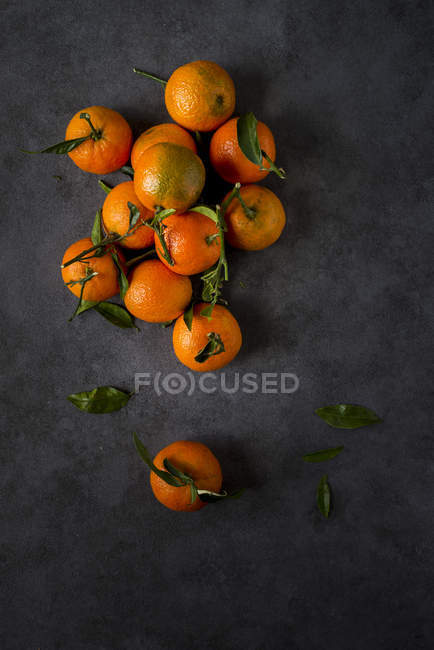 Mandarinas con tallos y hojas sobre fondo oscuro - foto de stock