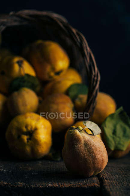 Mele cotogne mature fresche in cesto rovesciato su fondo di legno scuro — Foto stock
