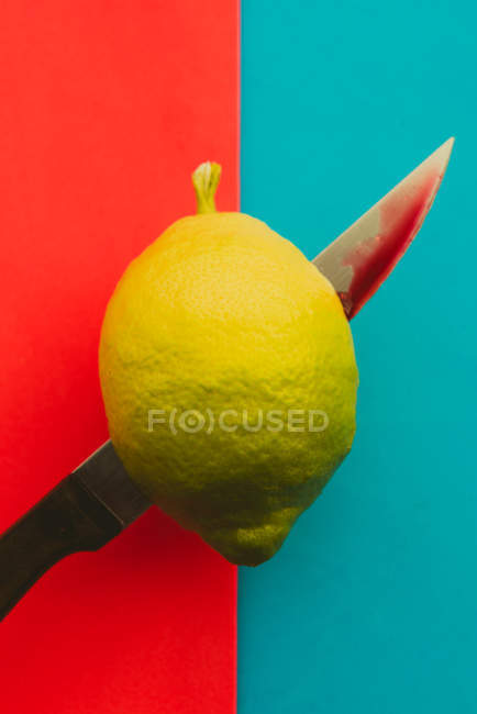 Острый нож режет сочный спелый лимон на ярком красном и синем фоне — стоковое фото