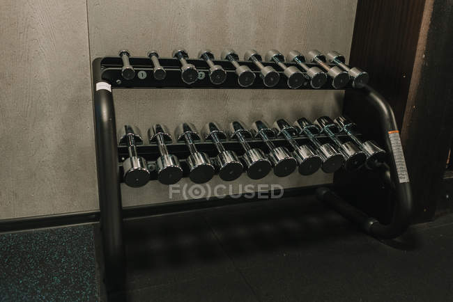Conjunto de halteres deitados na prateleira do ginásio — Fotografia de Stock