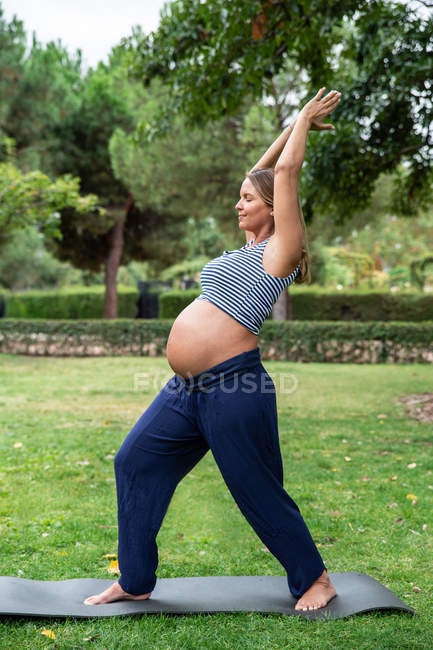 Sonriendo embarazada atractiva mujer entrenamiento en estera en parque - foto de stock