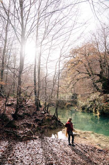 Rückansicht einer jungen Frau, die an einem sonnigen Herbsttag in Navarra, Spanien, am Ufer in der Nähe eines kleinen Sees und nackter Bäume mit ruhigem Wasser steht — Stockfoto