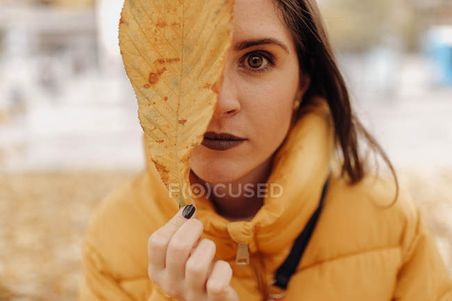 Jovem encantadora em casaco quente segurando enorme folha amarela na frente dos olhos e olhando para a câmera na rua de outono — Fotografia de Stock