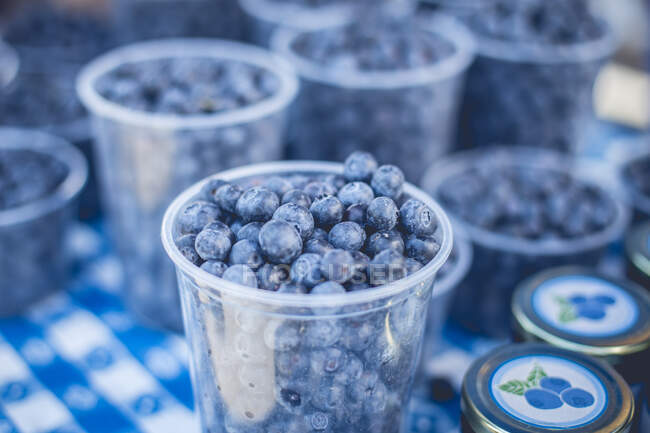 Gros lot de tasses en plastique avec de délicieux bleuets frais sur la table à San Francisco, États-Unis — Photo de stock