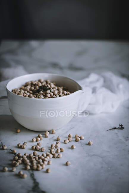 Marble counter with composed raw ingredients for making vigil potaje dish at home — Stock Photo
