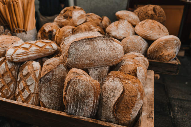 Panes frescos de pan de centeno en bandejas - foto de stock