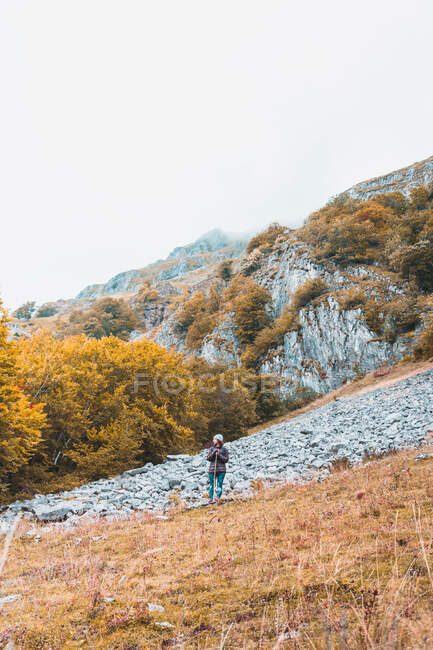 Person mit Rucksack auf Wiese, bewölktem Himmel und Blick auf Berge mit Wald in Isoba, Kastilien und León, Spanien — Stockfoto