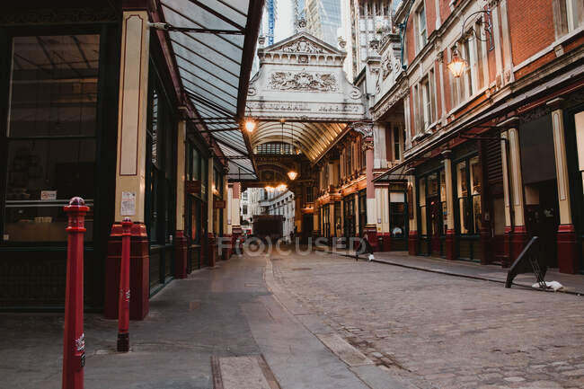 ЛОНДОН, ОБЪЕДИНЕННЫЙ КИНГДОМ - 23 ОКТЯБРЯ 2018 года: Красивые здания и каменная дорога на узкой улице в Лондоне, Англия — стоковое фото