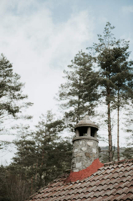 Desde abajo chimenea de ladrillo en el techo de la casa cerca de la madera alta y el cielo nublado en los Pirineos - foto de stock