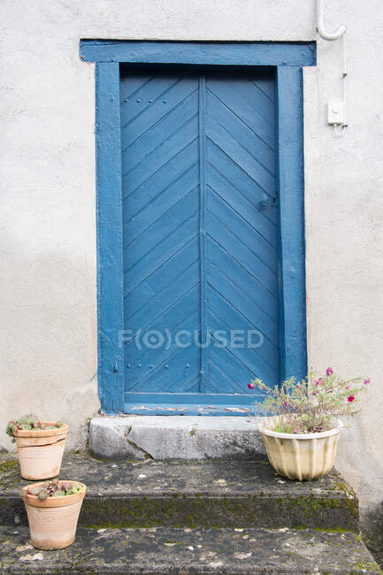 Construcción blanca con puerta azul y flores en macetas en las escaleras de los Pirineos - foto de stock