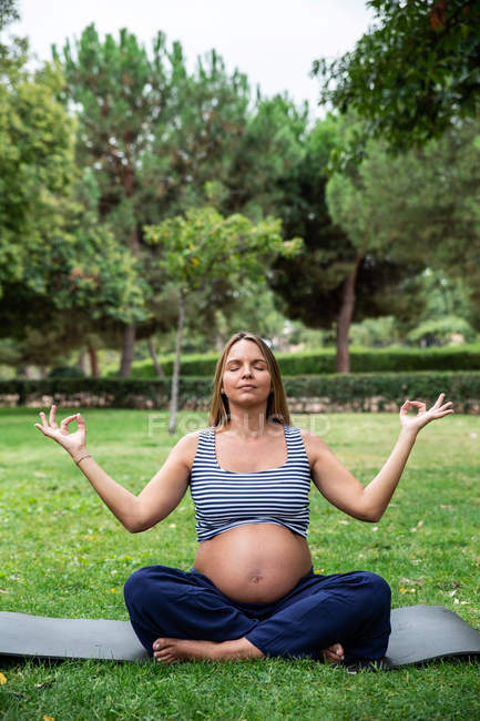 Беременная привлекательная женщина медитирует на коврике в парке — стоковое фото