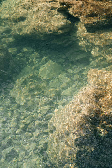 De cima tiro de folhas de outono secas que jazem na costa pedregosa áspera perto de água transparente fresca de lagoa em Navarra, Espanha — Fotografia de Stock