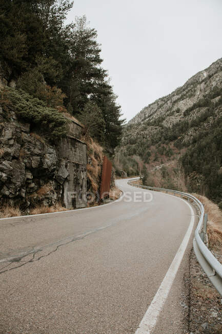 Landweg durch ein Tal mit Wäldern und wunderschönen Bergen in den Pyrenäen — Stockfoto