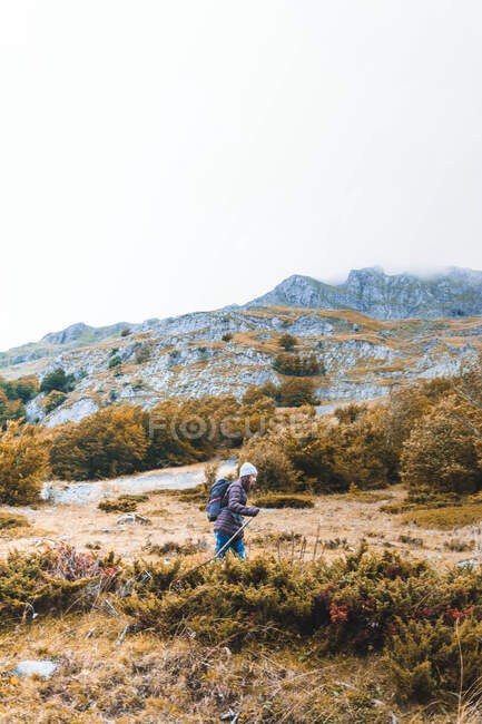 Vista lateral de humano con mochila en prado, cielo nublado y vista sobre montañas con bosque en Isoba, Castilla y León, España - foto de stock