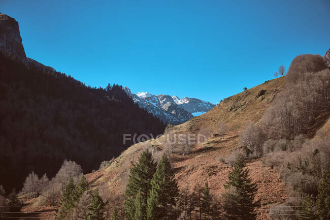 Pintoresca vista del alto pico de montañas en nieve, cielo azul y bosques secos en colinas en Canfranc-Station, Huesca, España - foto de stock