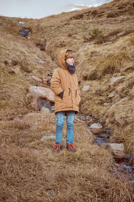 Adorable niño en ropa de abrigo manteniendo las manos en los bolsillos y mirando hacia otro lado mientras está de pie en la pendiente de la colina cerca de pequeño arroyo en el campo de otoño - foto de stock