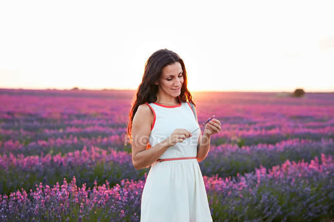 Sorrindo jovem mulher mostrando flores entre campo de lavanda violeta — Fotografia de Stock