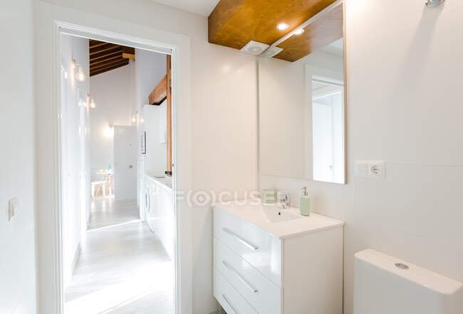 Вид на ванную комнату и кухню в белой квартире в современном доме — стоковое фото