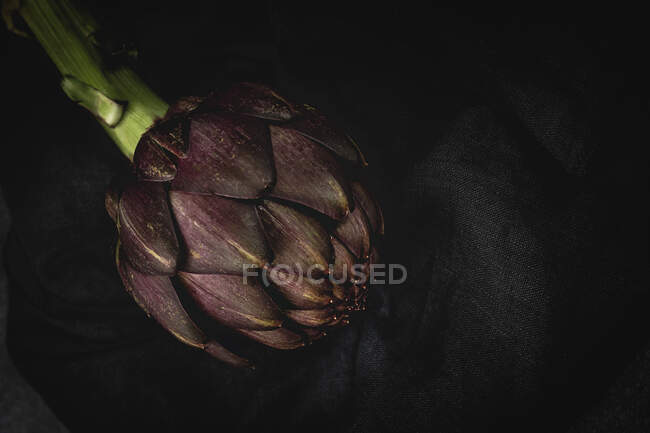 Fresh raw purple artichokes. On dark background. Flat lay. Top view — Stock Photo