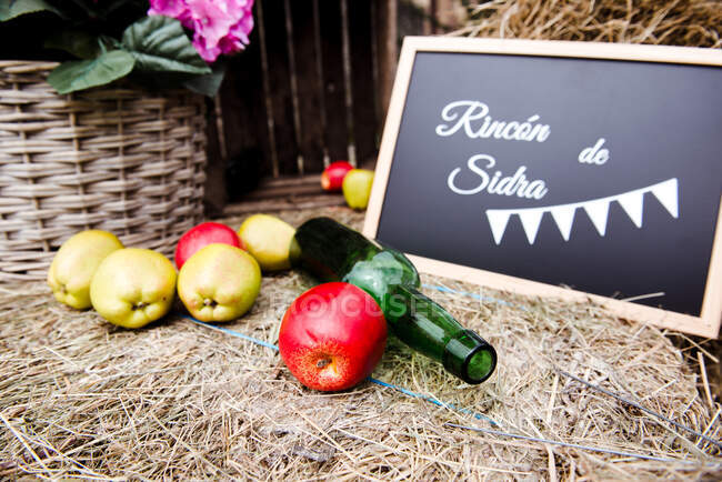 Composition of fresh fruits near empty bottle, flower and frame with title placed on dry grass — Stock Photo
